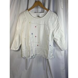Christopher Banks Linen Blend Top XL Embroidered White Ladybug Butterfly Garden